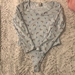 Victoria’s Secret pink long sleeve blue floral bitch neck bodysuit